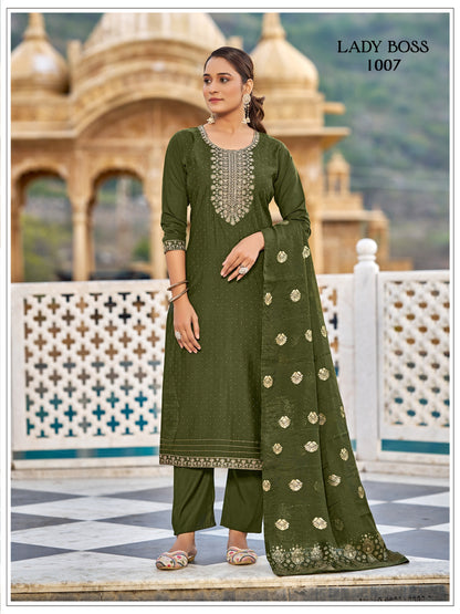 Green Vertican Silk Kurti Pant Set With Embroidery Work