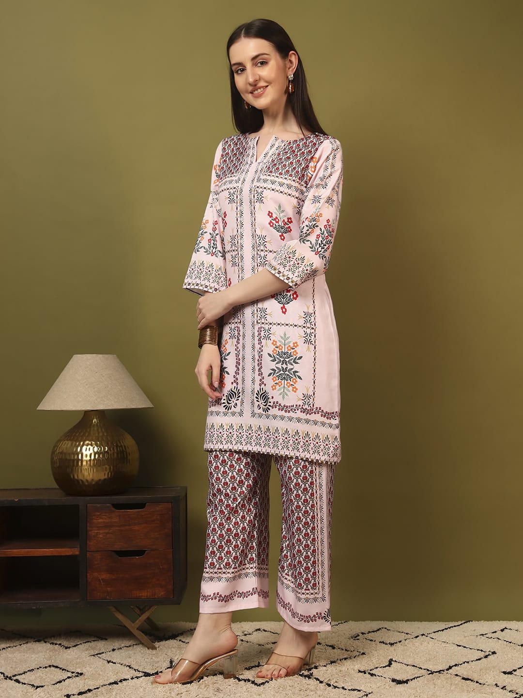 Elegant Peach Floral Printed Kurti Co-Ord Set for Women