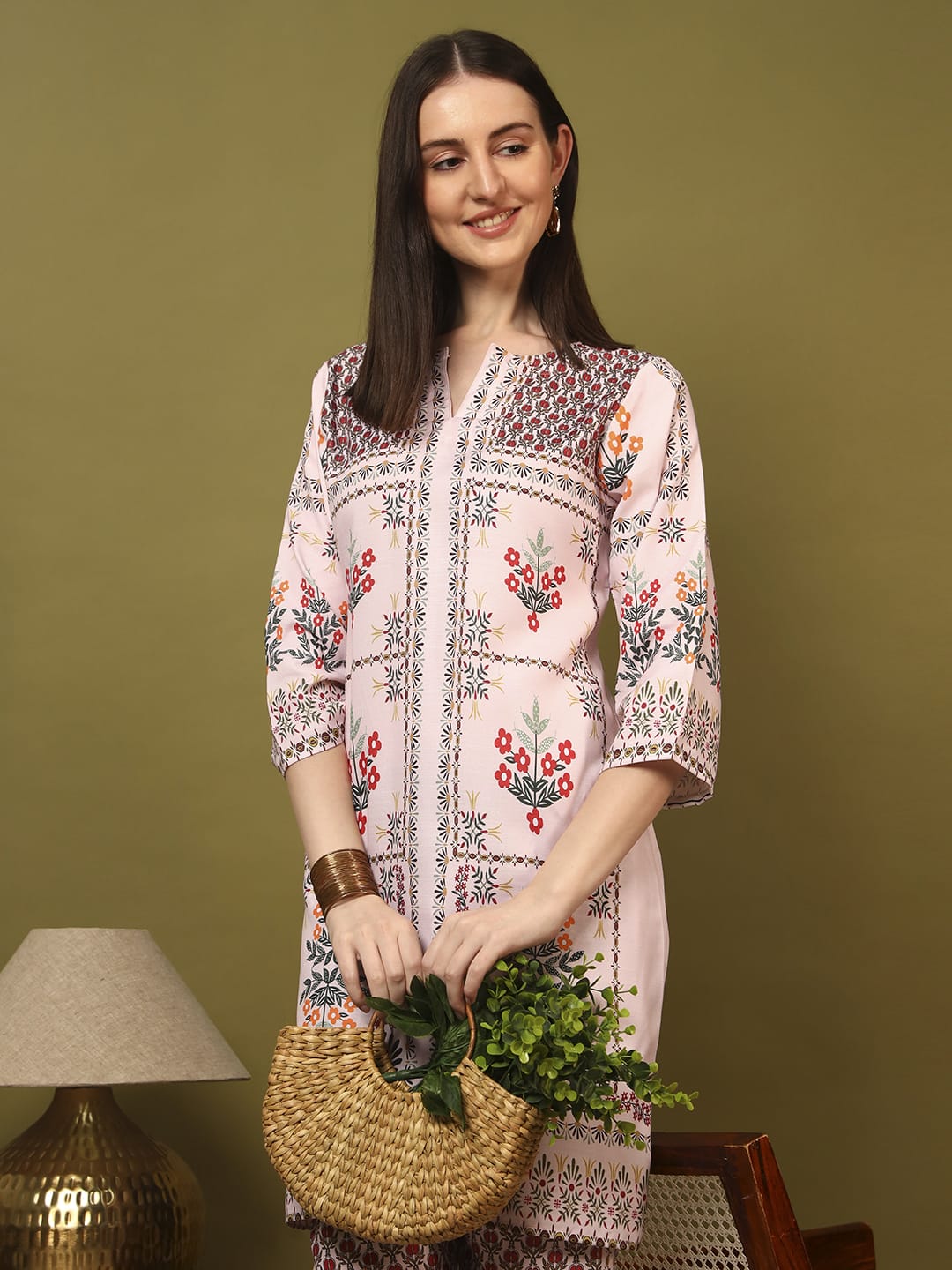 Elegant Peach Floral Printed Kurti Co-Ord Set for Women