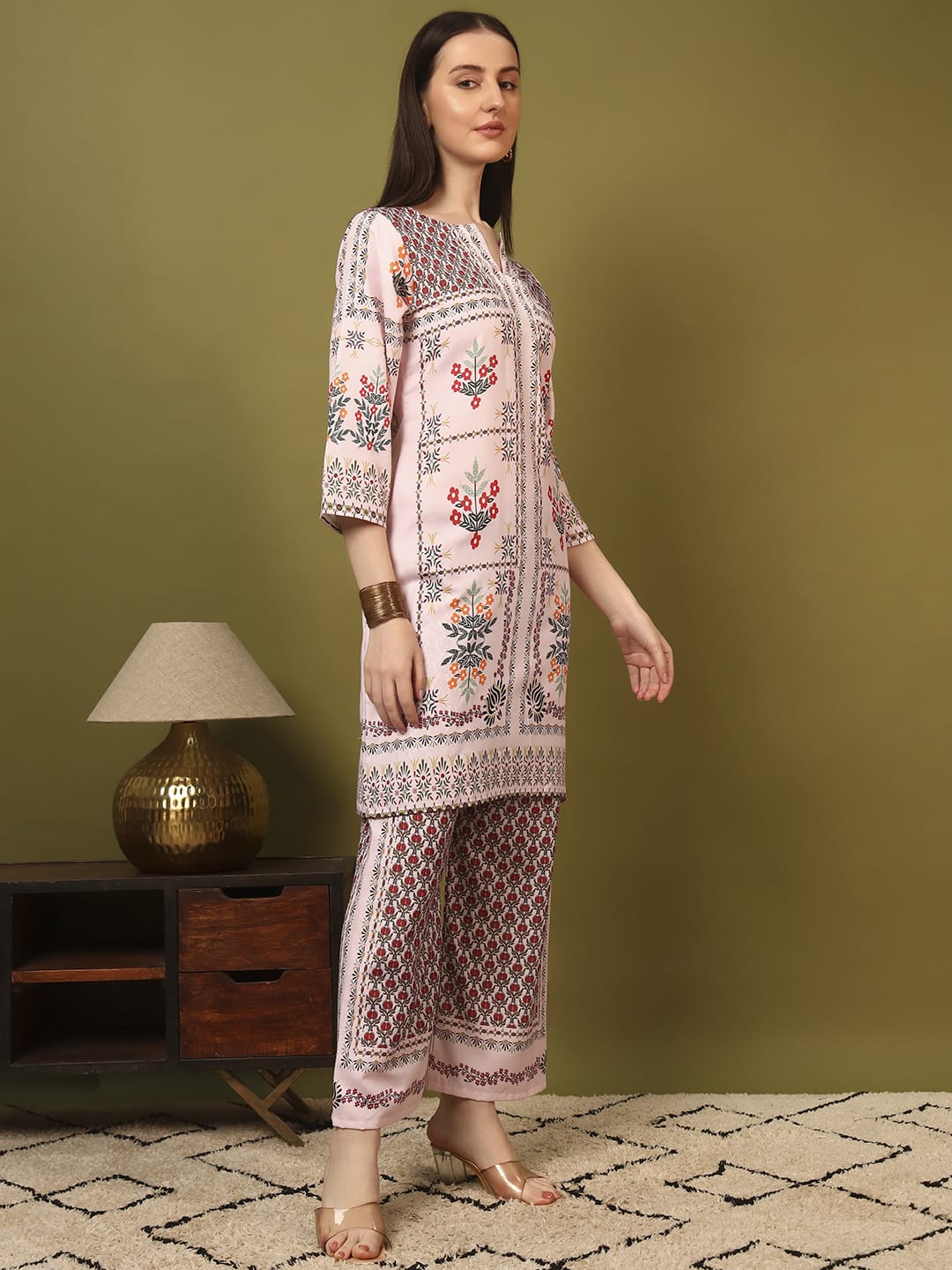 Elegant Peach Floral Printed Kurti Co-Ord Set for Women