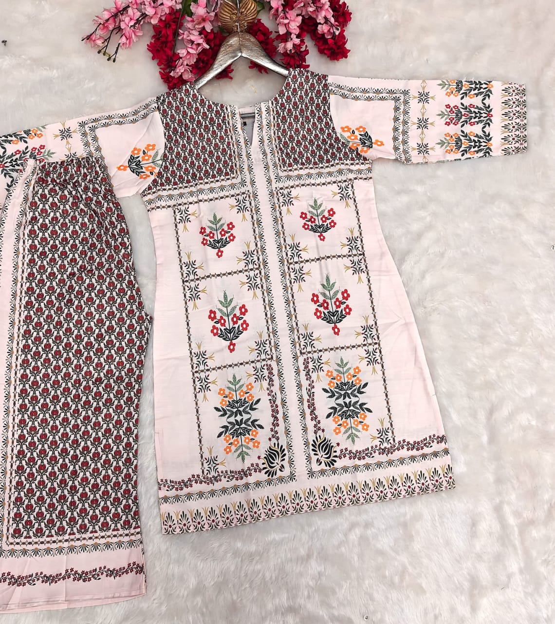 Elegant Peach Floral Printed Kurti Co-Ord Set for Women