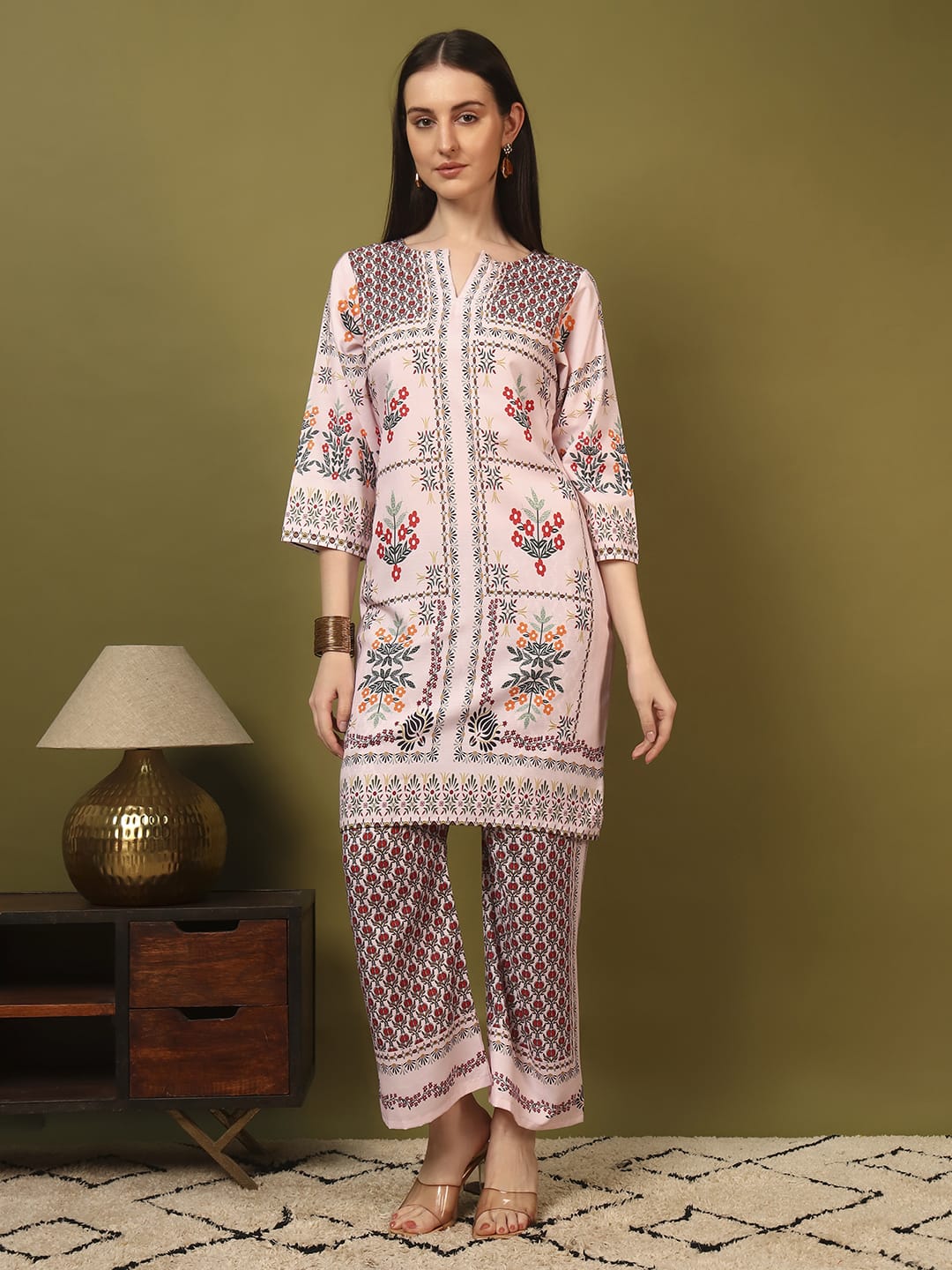 Elegant Peach Floral Printed Kurti Co-Ord Set for Women