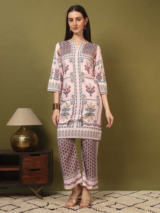 Elegant Peach Floral Printed Kurti Co-Ord Set for Women