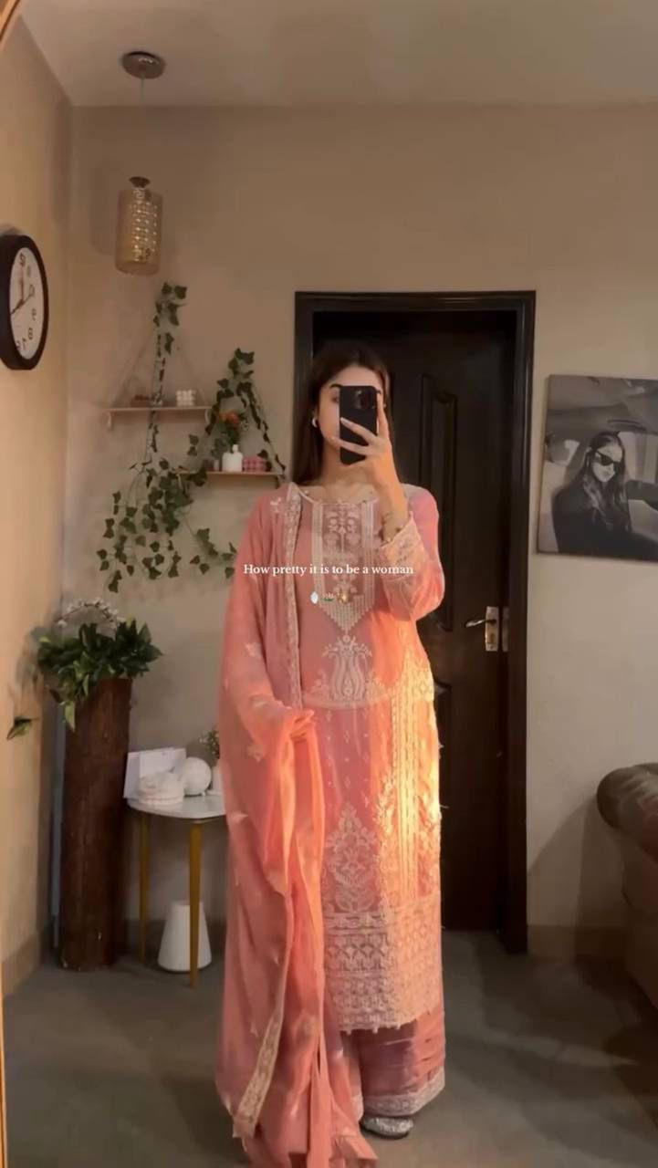 Peach Georgette With Embroidery Work Suit