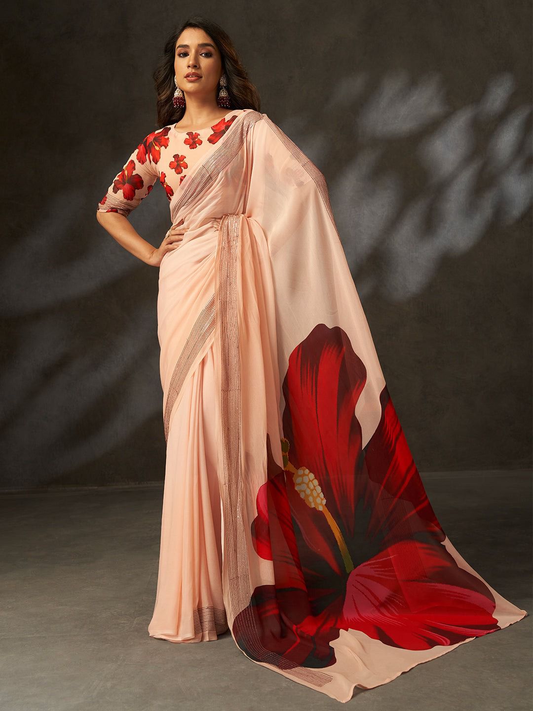 Elegant Peach Floral Printed Georgette Saree with Designer Blouse