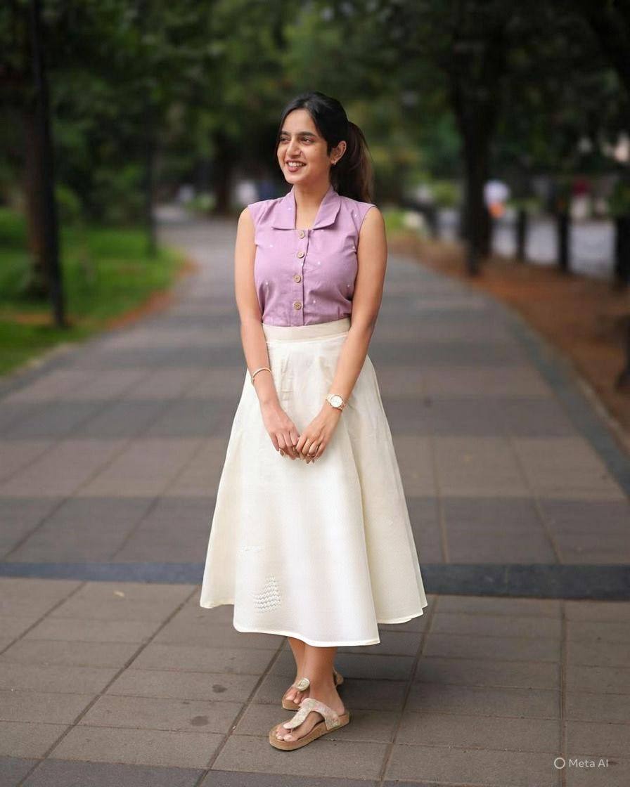 Lavender Sleeveless Cotton Top with Ivory Flow Midi Skirt Set