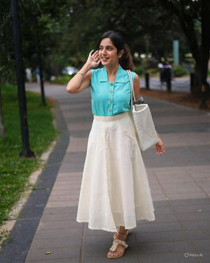 Sky Blue Sleeveless Top with Flared Ivory Skirt