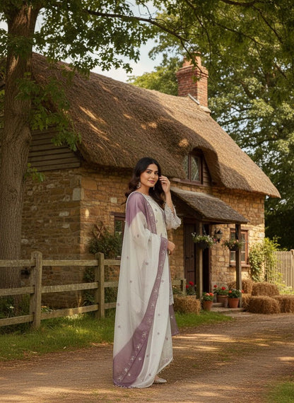 Pure Gmy Silk Purple And White Combination Suit Set