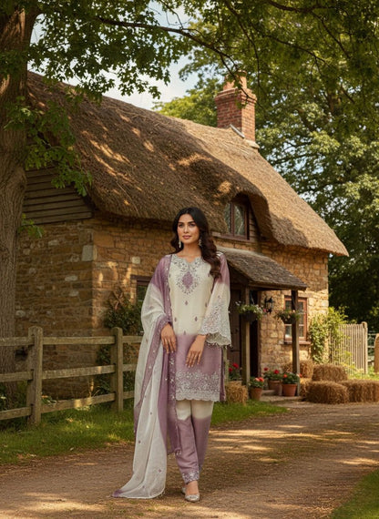 Pure Gmy Silk Purple And White Combination Suit Set