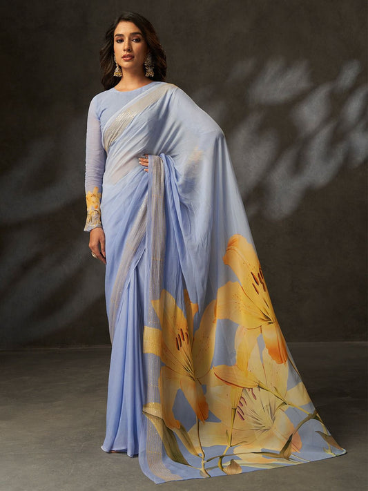Elegant Light Blue Floral Art Saree with Modern Drape