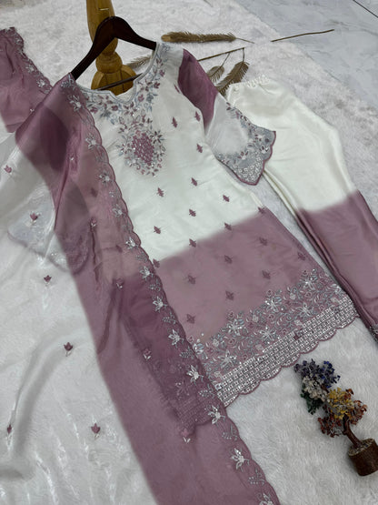 Pure Gmy Silk Purple And White Combination Suit Set