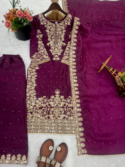 Gmy Silk With Heavy Embroidery Coding Sequence Work Suit