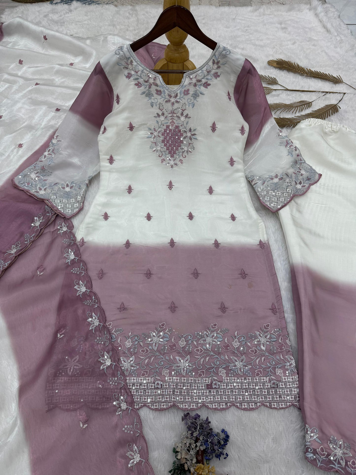 Pure Gmy Silk Purple And White Combination Suit Set
