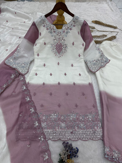 Pure Gmy Silk Purple And White Combination Suit Set