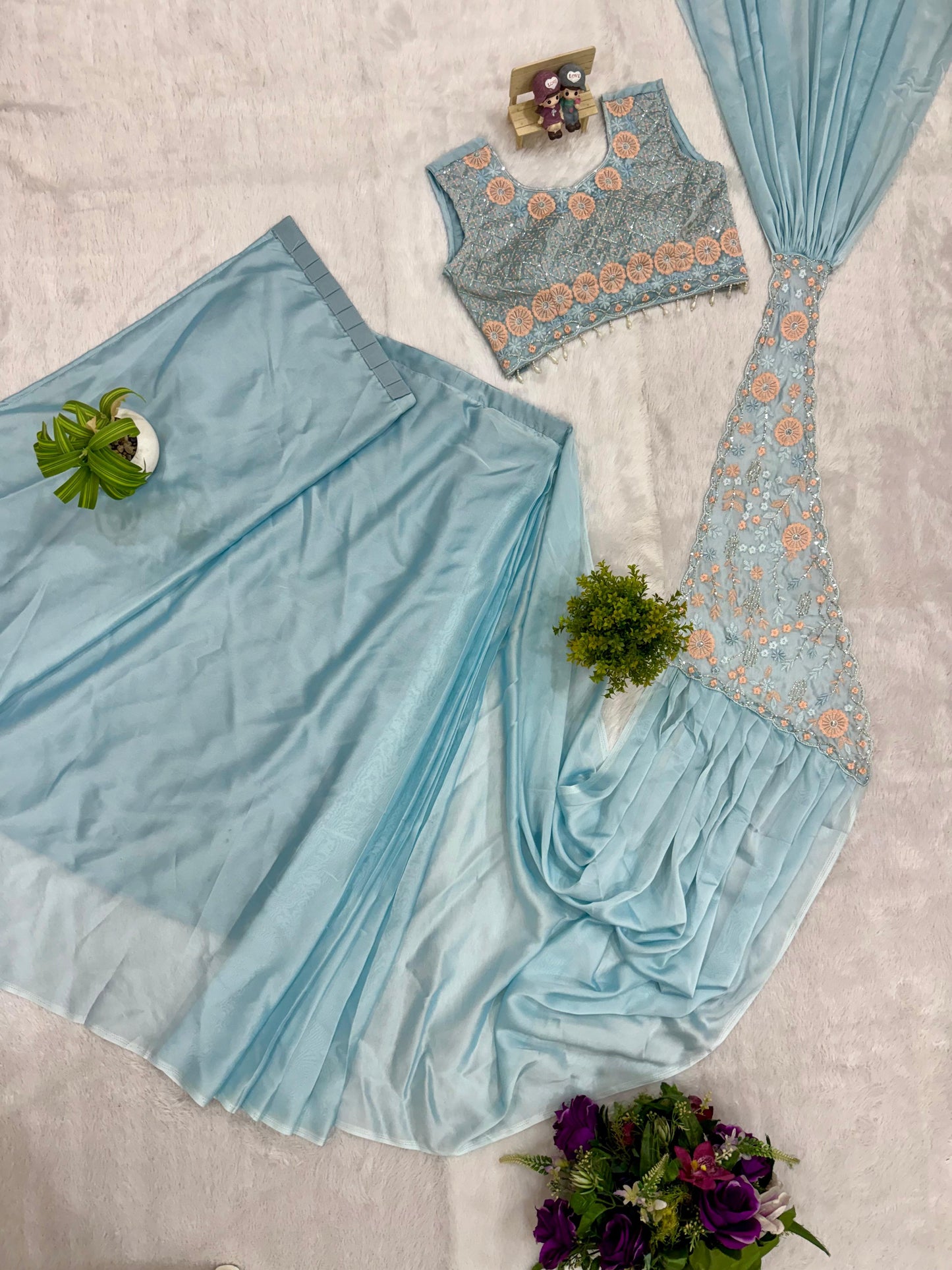 Sky Blue Silk Pre Drape Saree