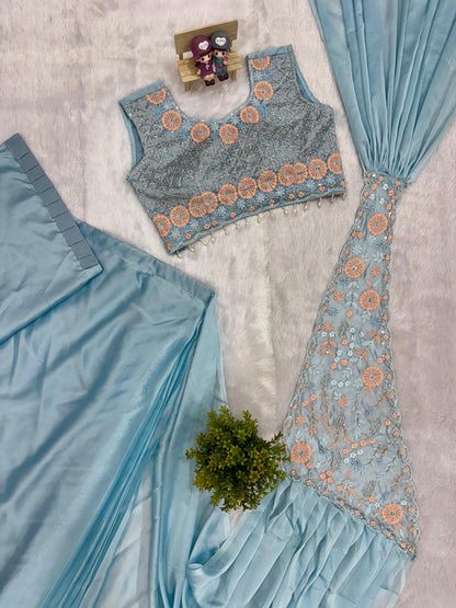 Sky Blue Silk Pre Drape Saree