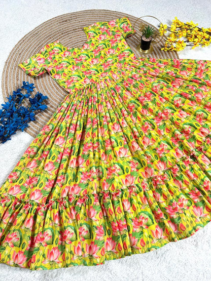 Yellow Floral Printed Muslin Cotton One Piece Dress