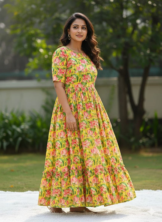 Yellow Floral Printed Muslin Cotton One Piece Dress