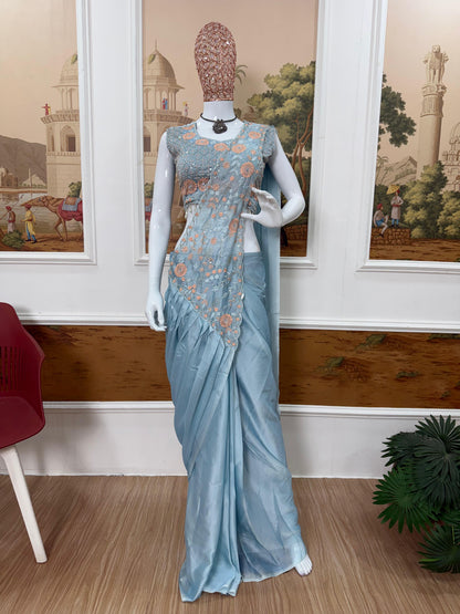 Sky Blue Silk Pre Drape Saree