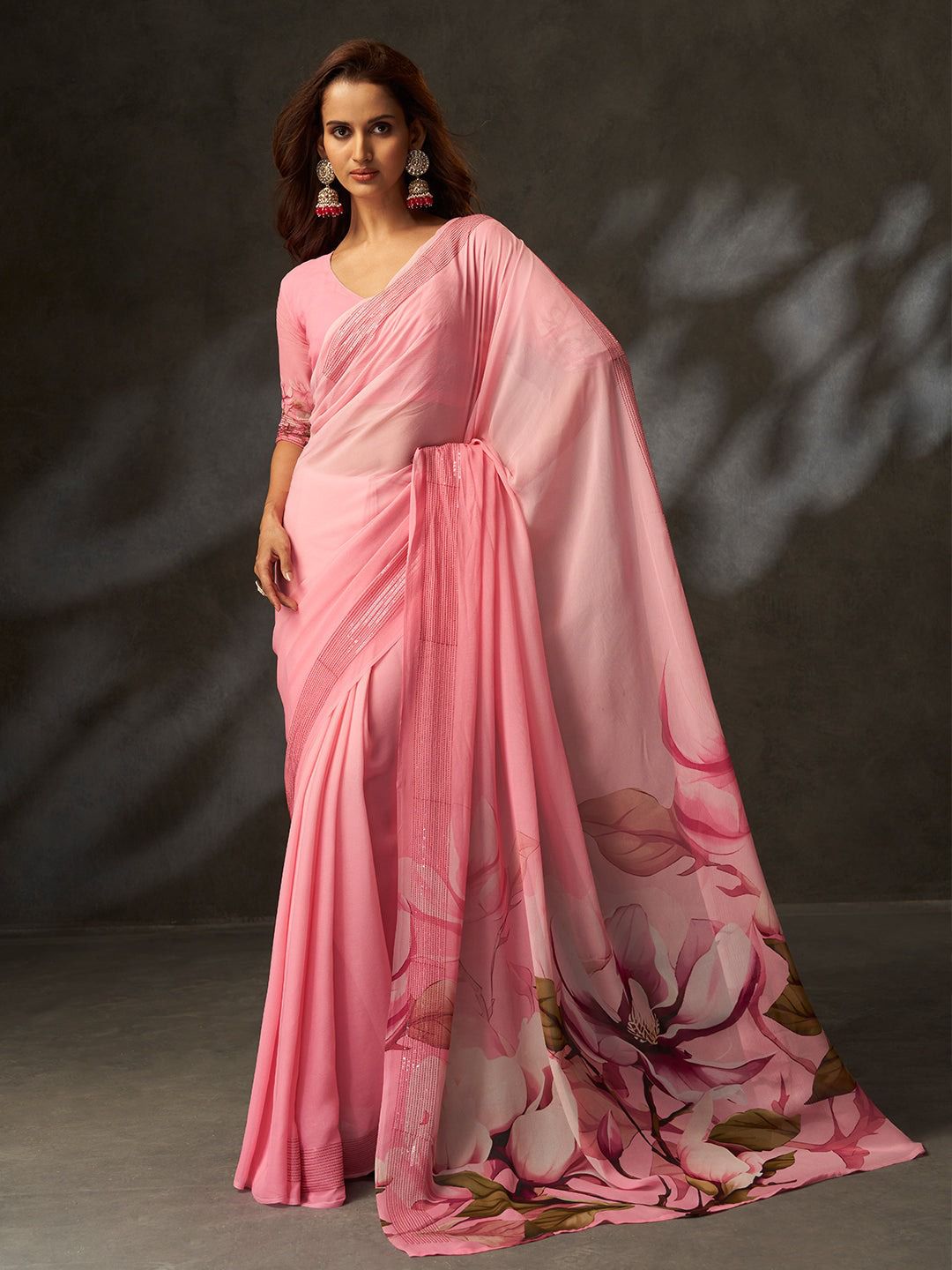 Exclusive Pink Floral Printed Saree with Elegant Finish