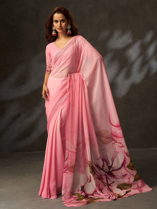 Exclusive Pink Floral Printed Saree with Elegant Finish
