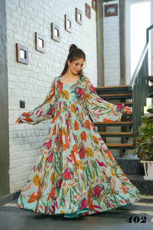 Mint Aqua Multicolor Floral Print Designer Gown