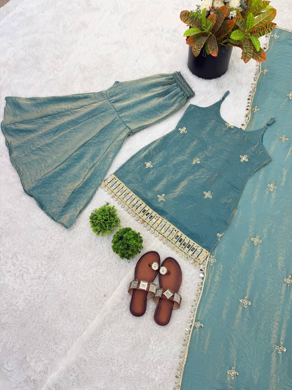 Sea Green Fandy Silk Real Mirror & Sequence Embroidered Sharara Palazzo Suit Set