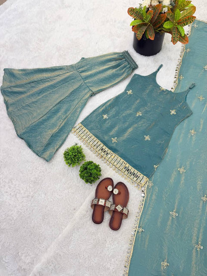 Sea Green Fandy Silk Real Mirror & Sequence Embroidered Sharara Palazzo Suit Set