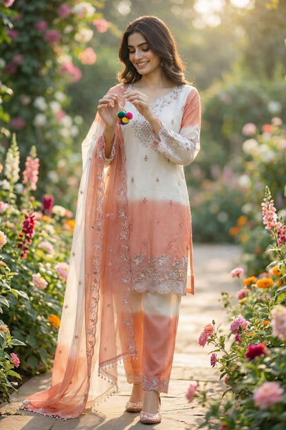 Eid Special Designer Peach Embordered Suit Set
