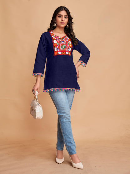 Navy Cotton Top with Vibrant Embroidery