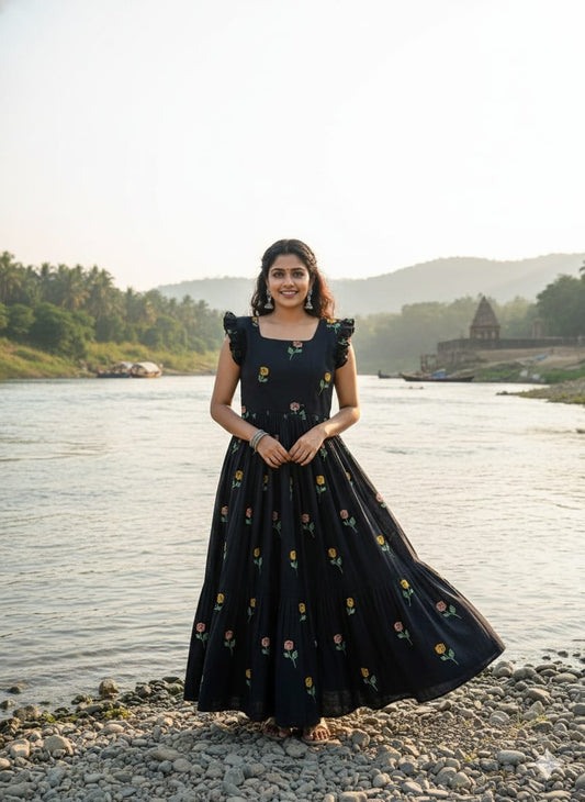 Black Embroidery Cotton One Piece Dress