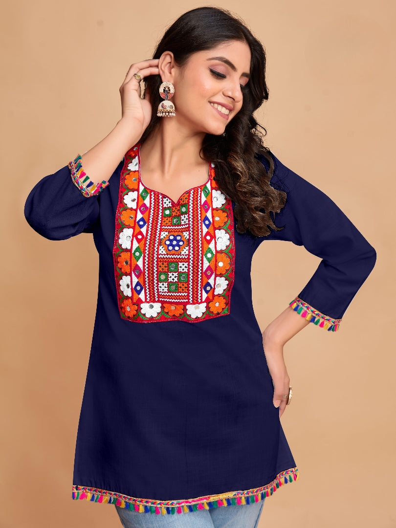 Navy Cotton Top with Vibrant Embroidery