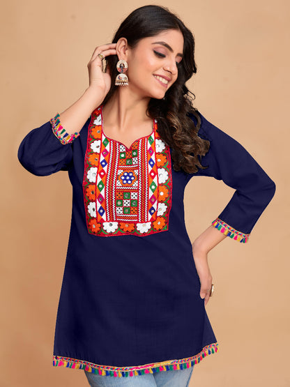 Navy Cotton Top with Vibrant Embroidery