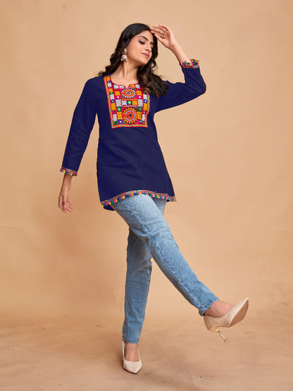 Navy Cotton Top with Vibrant Embroidery