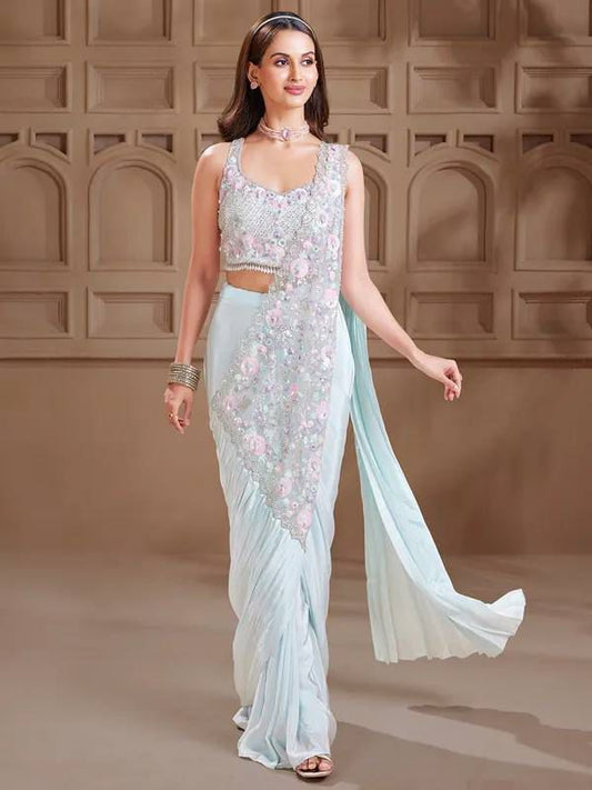 Sky Blue Silk Pre Drape Saree