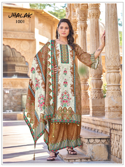 Satin Print Mirror Work Top Palazzo Dupatta Set