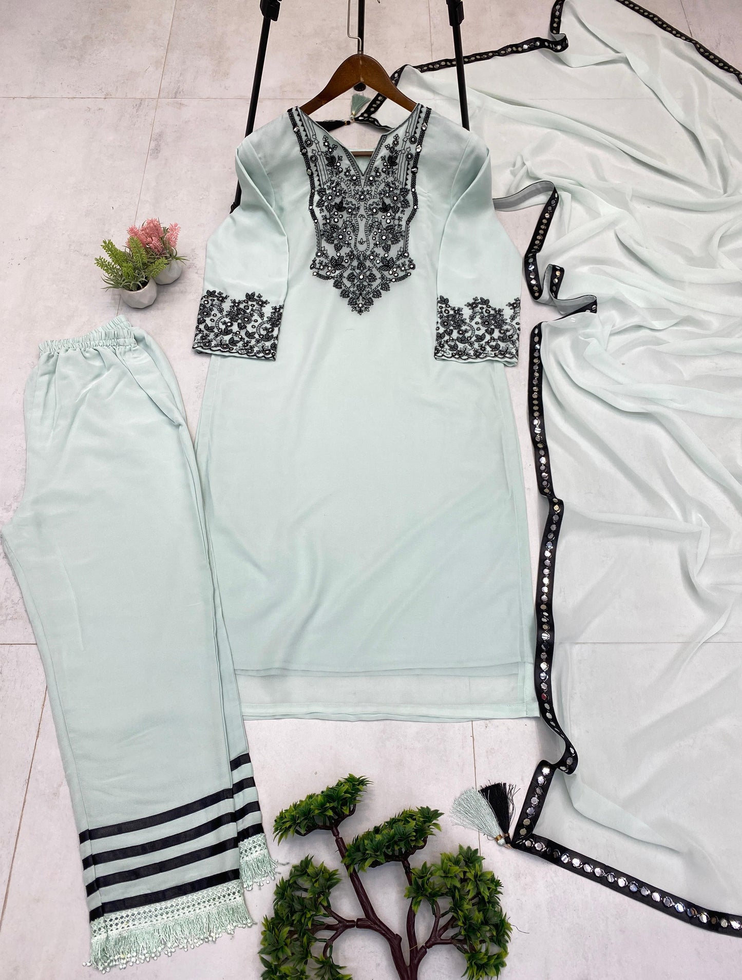 Elegant Mint Green Embroidered Kurti Palazzo Set