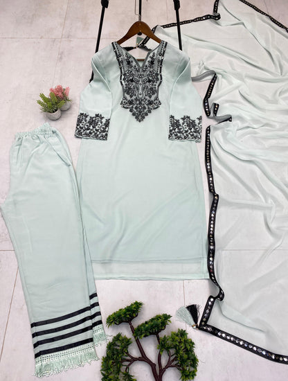 Elegant Mint Green Embroidered Kurti Palazzo Set
