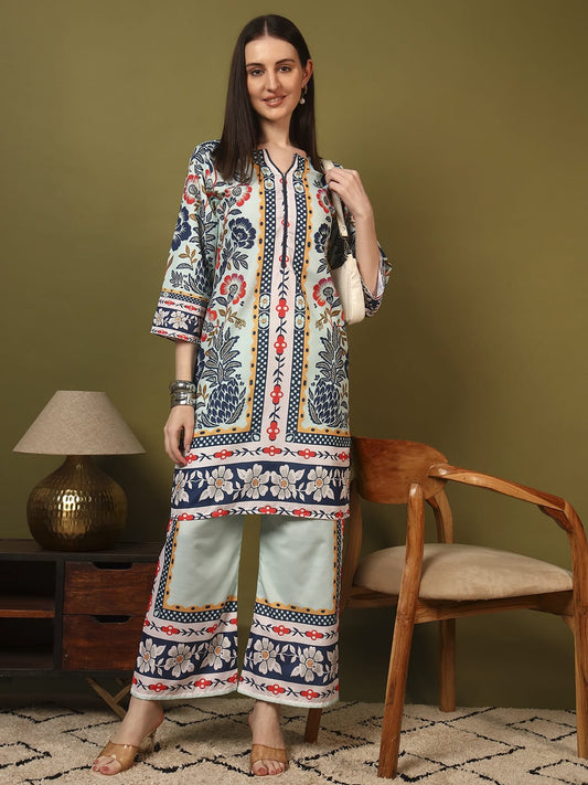 Premium Pista Green Printed Ethnic Kurti Co-Ord Set
