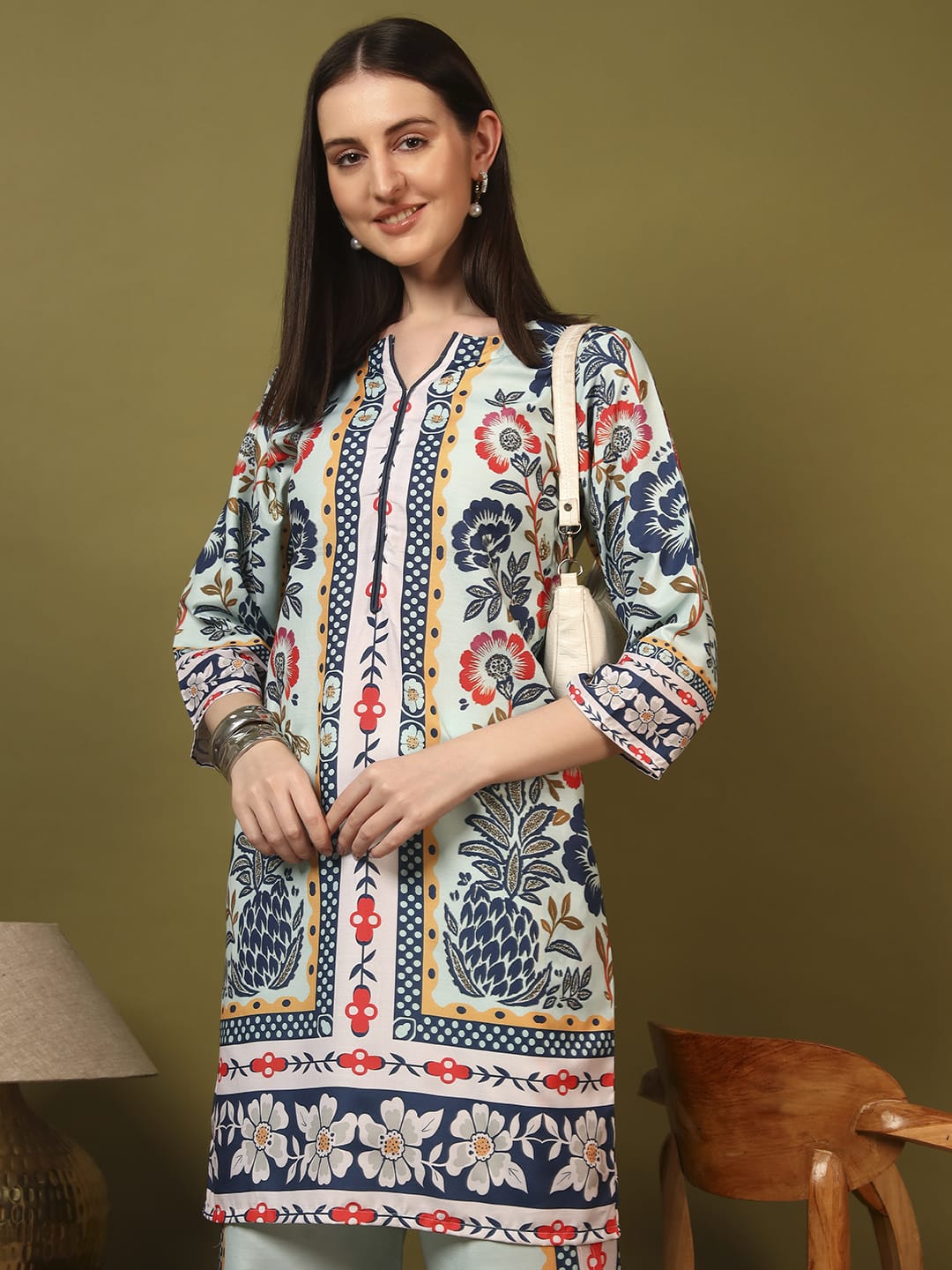 Premium Pista Green Printed Ethnic Kurti Co-Ord Set