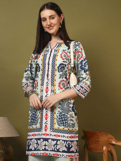 Premium Pista Green Printed Ethnic Kurti Co-Ord Set
