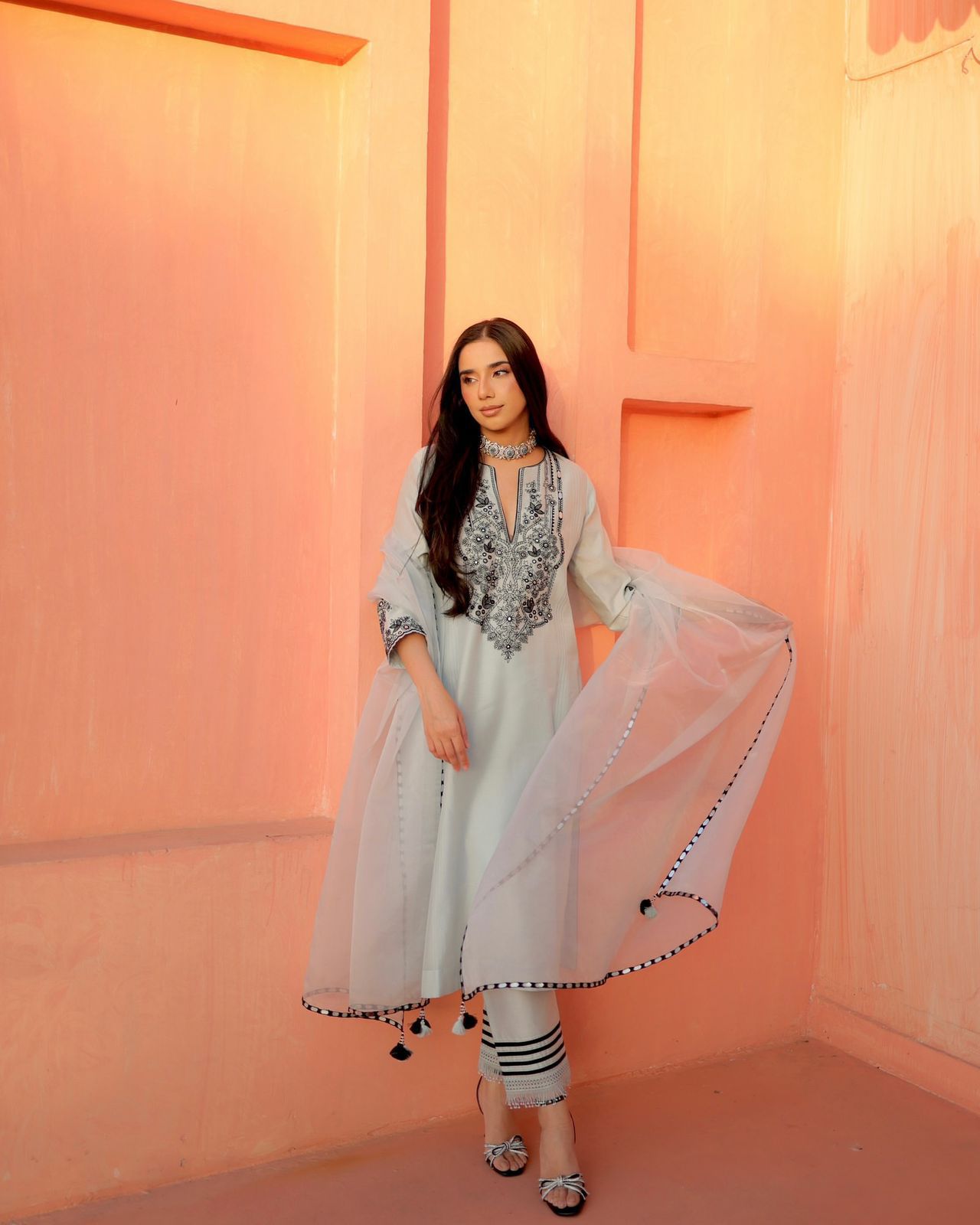 Elegant Mint Green Embroidered Kurti Palazzo Set