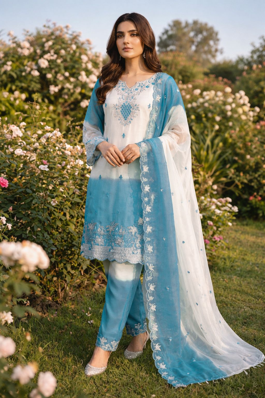 Sky Blue Embroidered Designer Suit Set With Dupatta