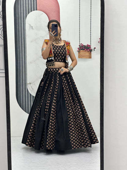 Black Printed Navratri Lehenga with Colorful Koti