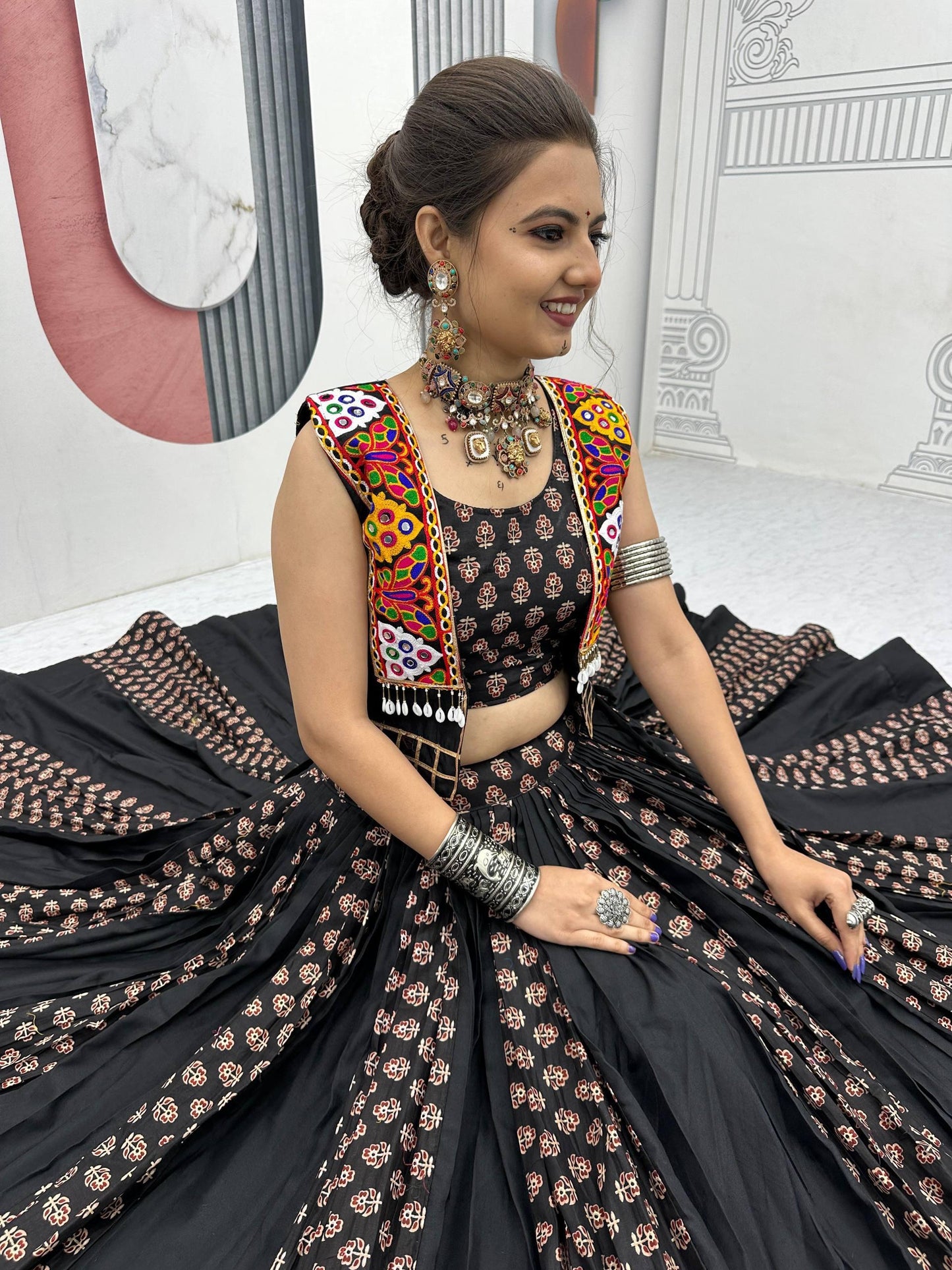 Black Printed Navratri Lehenga with Colorful Koti