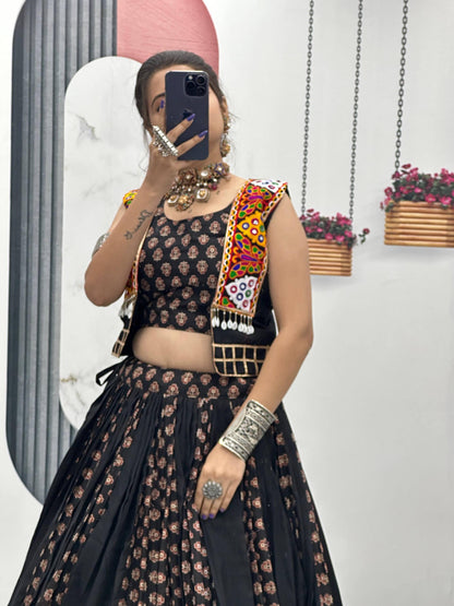 Black Printed Navratri Lehenga with Colorful Koti