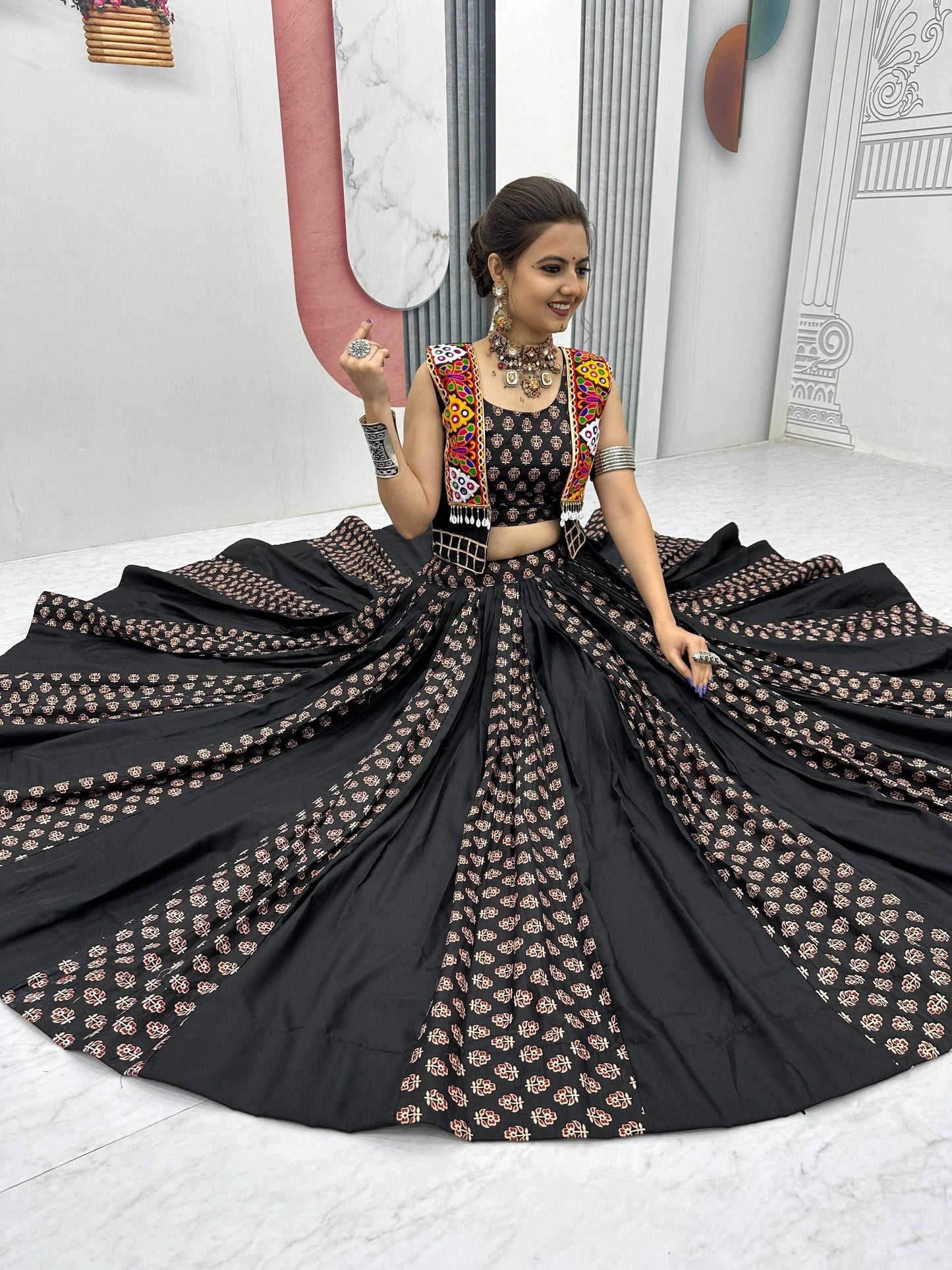 Black Printed Navratri Lehenga with Colorful Koti