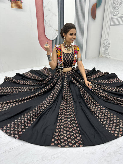 Black Printed Navratri Lehenga with Colorful Koti