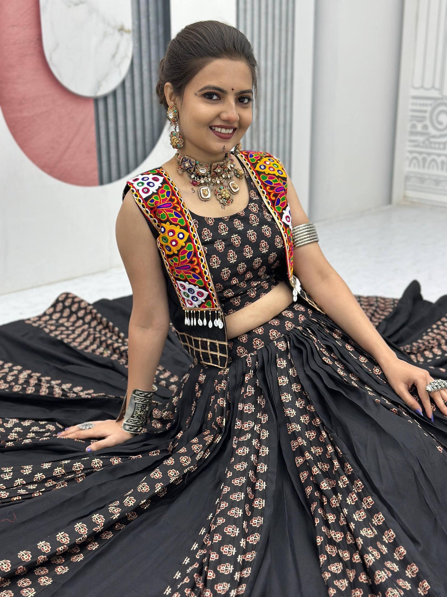 Black Printed Navratri Lehenga with Colorful Koti