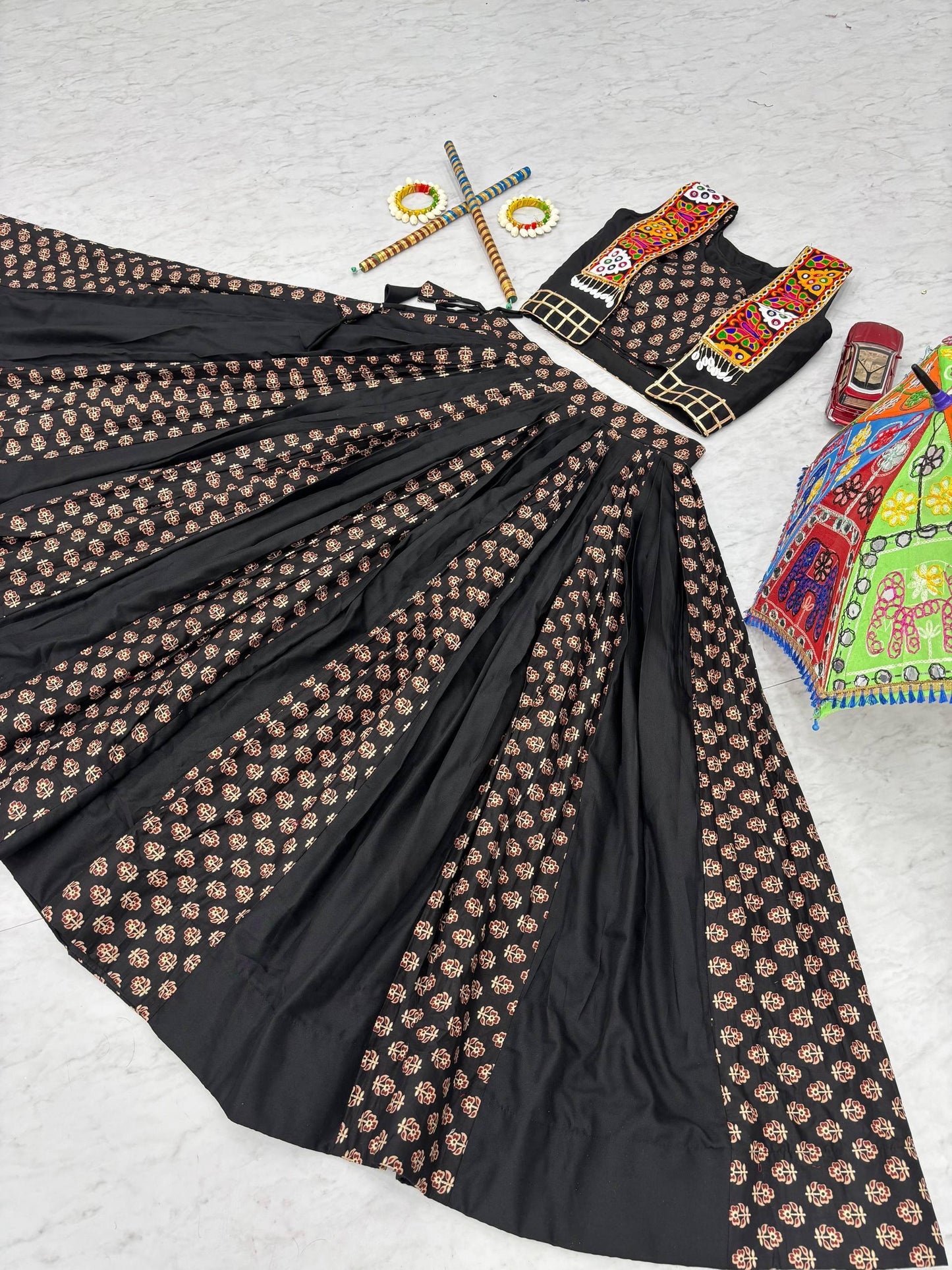 Black Printed Navratri Lehenga with Colorful Koti